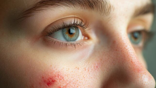 Extreme Close-up of a Person's Eye and Freckled Skin with Acne
