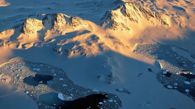 Aerial View of Snow-Capped Mountains and Frozen Lake with Ice Floes