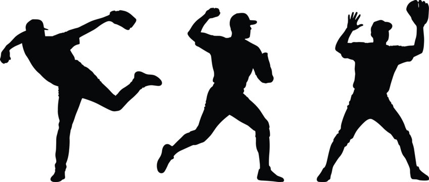 Baseball player silhouettes collection featuring pitchers throwing ball and fielders catching with gloves in game vector