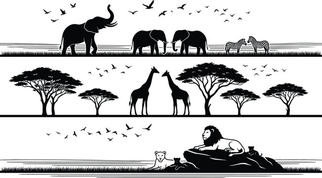 African savanna borders silhouette collection with wild animals elephants giraffes zebras lions birds and acacia trees vector