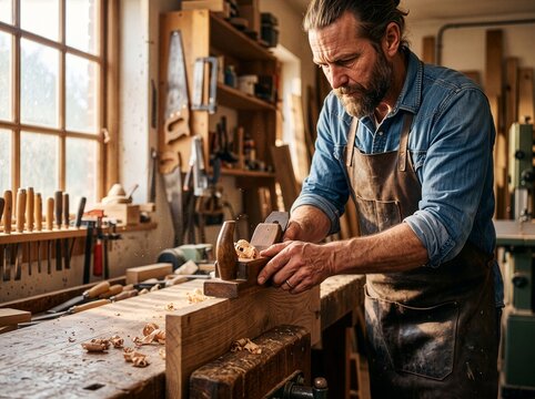 Skilled artisan carpenter using traditional hand plane tool on wood board in sunlit workshop, woodworking craft