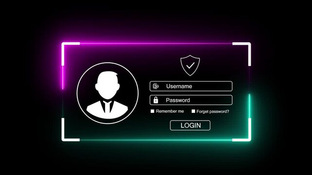Neon glowing User-name and password fields icon animation. Includes fields for account creation, user ID, password, identity verification concept on black background 4k video