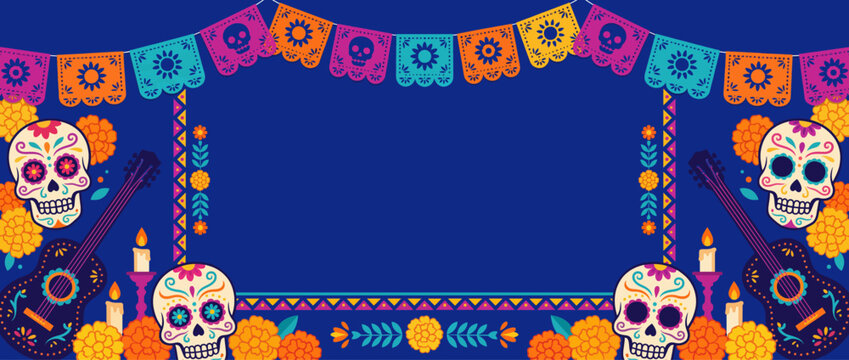 Day of the Dead banner background featuring decorative sugar skulls, guitars, marigold flowers, and papel picado flags on dark blue backdrop.