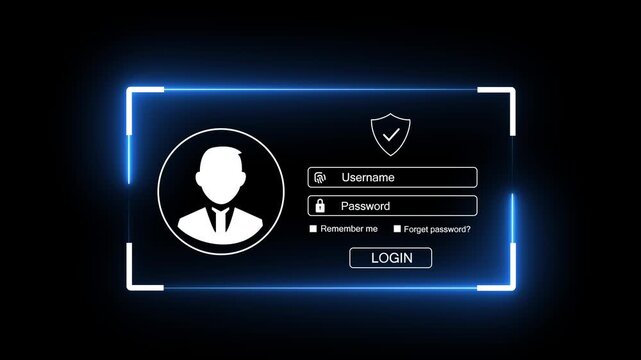 User-name and password fields icon animation. Includes fields for account creation, user ID, password, identity verification concept. on black background 4k video