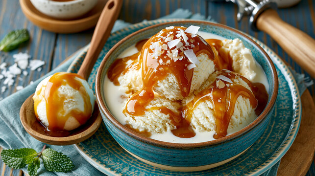 Delicious vanilla ice cream scoops drizzled with caramel sauce in a bowl