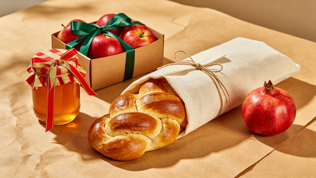 Rosh Hashanah gift wrapping station with honey jar, apples, wrapped challah, pomegranate, kraft paper and ribbon, sweet New Year gifting concept