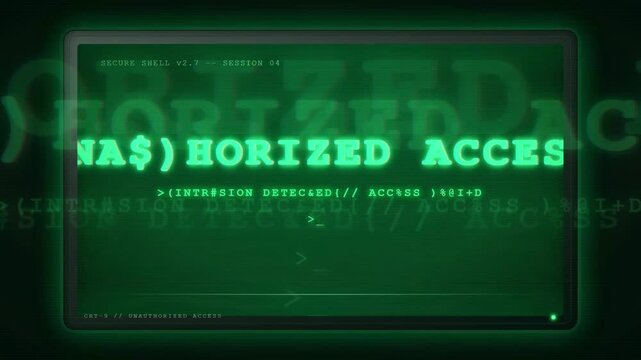 Digital glitch effect showing unauthorized access warning on a futuristic green computer screen interface