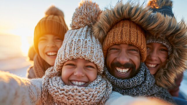 Happy family smiling together wearing winter hats and warm clothing outdoors