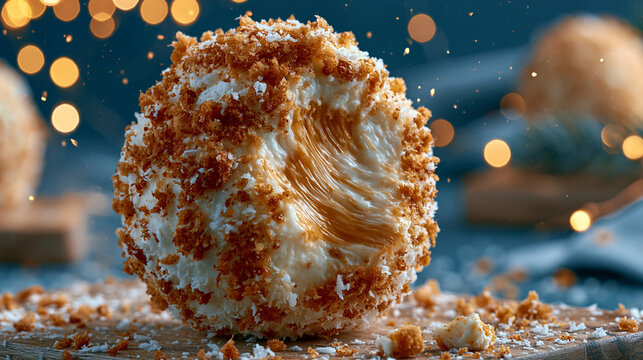 Sweet cheese ball rolled in crushed nuts and spices on a wooden board