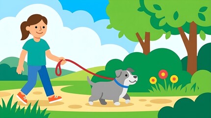 Naklejka premium Girl Walking Her Dog in a Sunny Park Vector Illustration