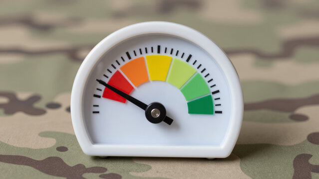Efficiency scale against a military backdrop. Defense and security effectiveness assessment. Cybersecurity readiness, military strategy evaluation, war games and operational exercises.