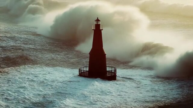 Dark Red Lighthouse Amidst Crashing Ocean Waves
