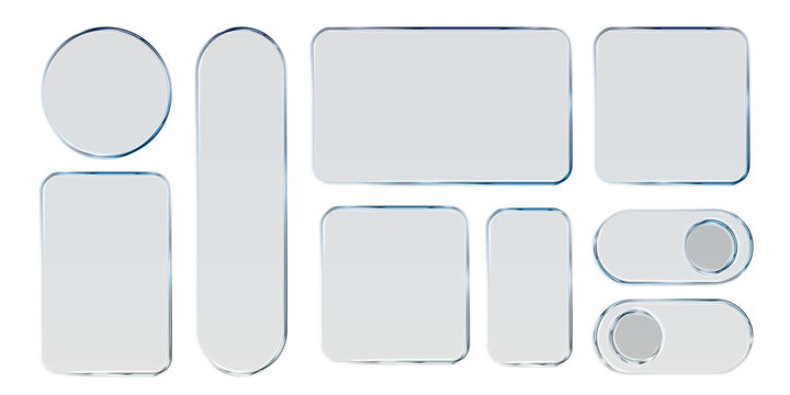 Transparent glass elements with liquid morphism effect for ui design and modern interfaces. Rounded rectangles, circles and buttons with frosted blur overlay Glassmorphism components for web or app