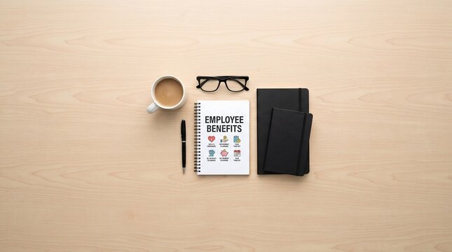 Employee benefits plan concept with notebook, coffee, and glasses on desk