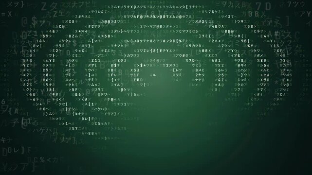 Abstract digital data stream with glowing green binary code forming circular signal waves on dark background