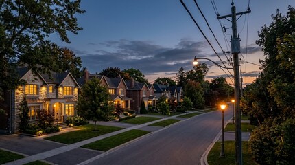 Naklejka premium Suburban Street at Dusk with Warmly Lit Homes and Streetlights