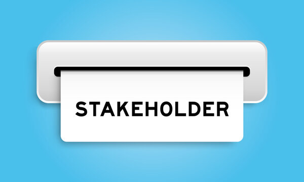 White coupon banner with word stakeholder from machine on blue color background