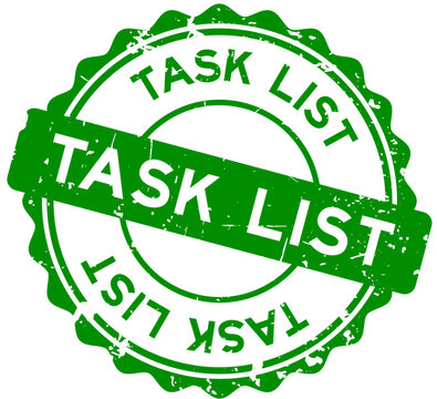 Grunge green task list word round seal stamp on white background