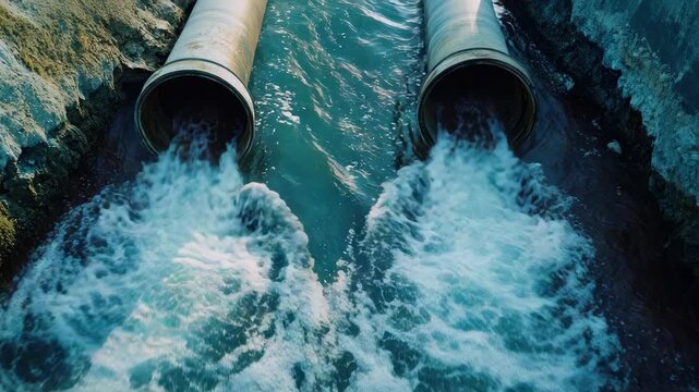 Industrial pipes discharging water into the ocean with white foam