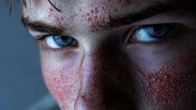 Extreme Close-up Portrait of a Man with Freckles and Blue Eyes