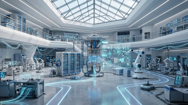 Advanced Futuristic Research Laboratory with Robotic Arms and Central Quantum Energy Reactor Core