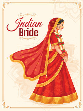 Beautiful Indian Bride in an ethnic lehenga choli for wedding Day. Indian bride template design