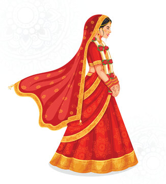 Elegant Indian bride side-profile in traditional red wedding attire: lehenga and Choli with gold jewelry. Long, flowing dupatta blowing dramatically in the air. Indian Wedding fashion and lifestyle