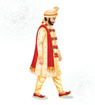 Indian Hindu Wedding  Groom Shubh Vivah Vector Illustration side profile. Groom in Indian ethnic wear Sherwani, for the wedding Day.