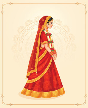 Beautiful Indian Bride in an ethnic lehenga for the wedding Day. Vector illustration of wedding fashion and lifestyle