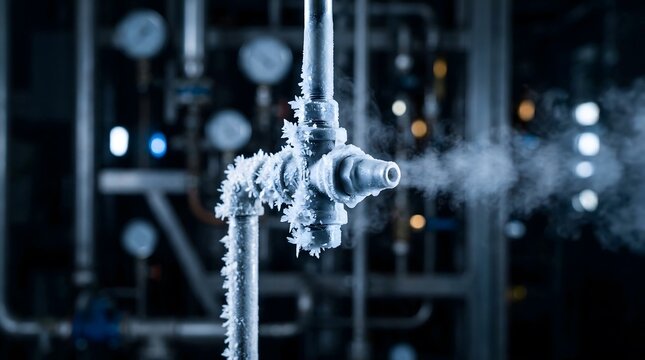 Frozen industrial pipe with frost and steam in factory