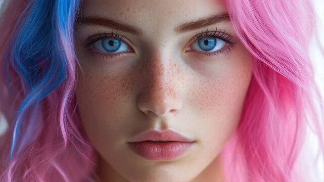 Close-up portrait of a woman with blue eyes and pink and blue hair