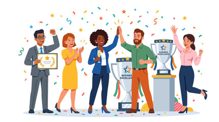 Obraz premium Diverse Team Celebrates Success with Trophies and Confetti