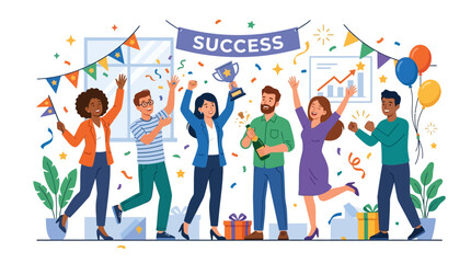 Obraz premium Diverse Team Celebrates Success with Trophy and Confetti in Office Party