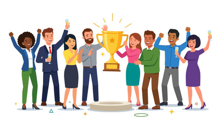 Fototapeta premium Diverse Team Celebrates Victory with Golden Trophy and Champagne