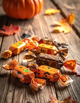 Vintage Halloween Candy Wrappers with Pumpkin Designs on Wooden Table