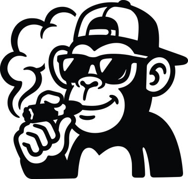 Cool monkey mascot wearing sunglasses and a backward cap smoking a cigar line art vector illustration.