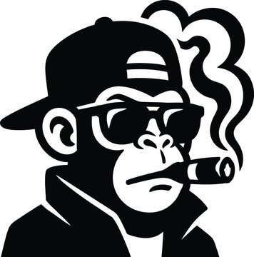 Cool gangster ape monkey character wearing a cap and sunglasses while smoking a cigar in vector style.