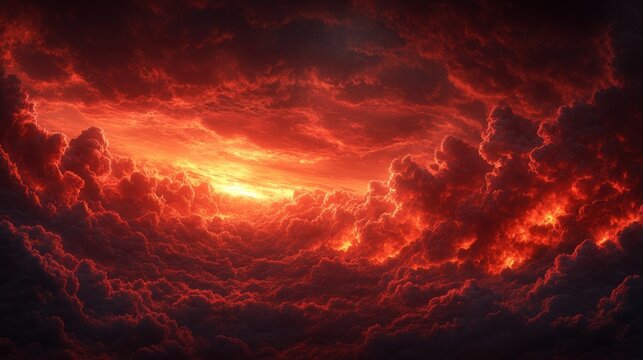 Vibrant colors burst across the horizon as fiery clouds dance in the sky