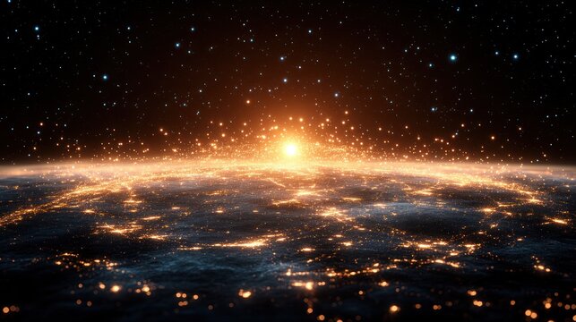 Beautiful sunrise over the earth surrounded by brilliant stars and cosmic light