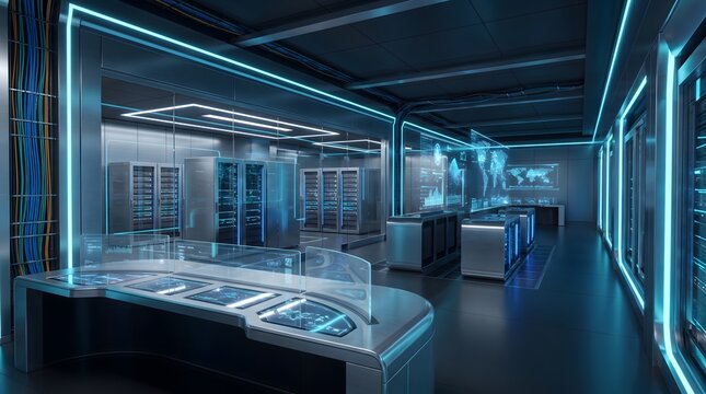 Futuristic Data Center with Blue LED Lighting and Server Racks