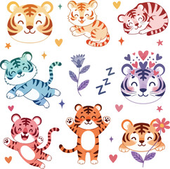 Obraz premium Cute Little Tigers Set, Vector Illustration of Cartoon Tiger Characters and Elements for Kids