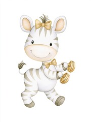 Naklejka premium Cute cartoon zebra character with a bow and holding dumbbells for fitness and exercise themes
