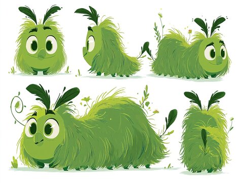 Cute Fluffy Green Cartoon Caterpillar Character in Various Poses and Expressions