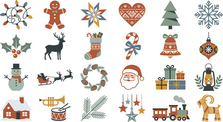 Obraz premium Set of various hand drawn christmas elements and festive holiday icons isolated on a white background for seasonal design