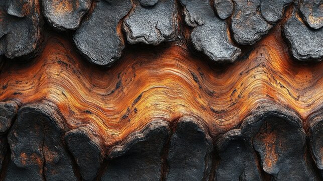 Abstract Macro Texture Of Charred Wood With Glowing Molten Orange Core In Deep Darkness