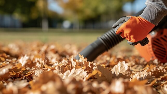 Close-up of person using leaf blower to clear autumn leaves from lawn in sunny backyard