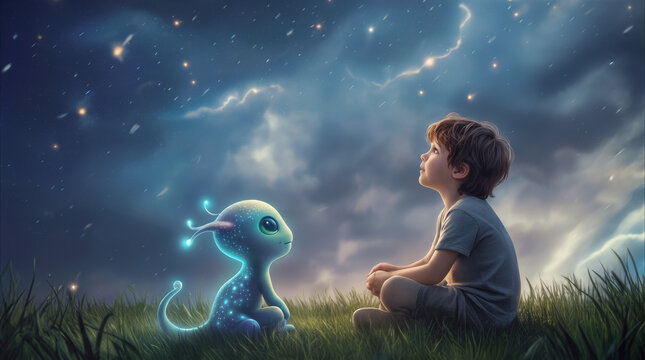 Curious boy sitting in grass with small glowing alien creature. Child and extraterrestrial friend looking at starry night sky with lightning and falling stars.
