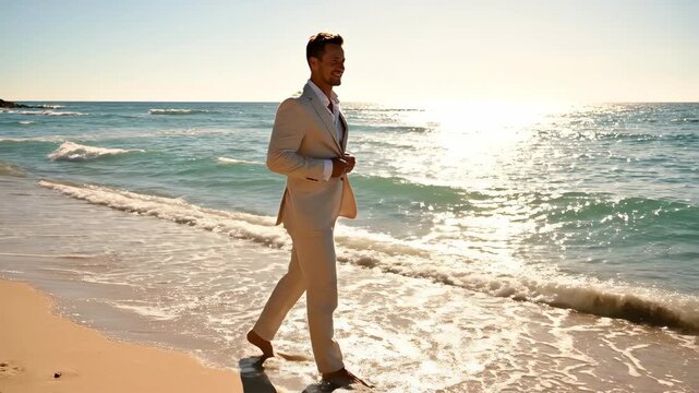 Happy groom walking barefoot on a sandy beach. Man in a beige suit strolling along the ocean shoreline on a sunny day. Destination wedding concept