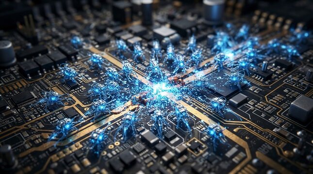 Cyber Security Breach Concept with Glowing Blue Nanobots Attacking a Computer Circuit Board and CPU