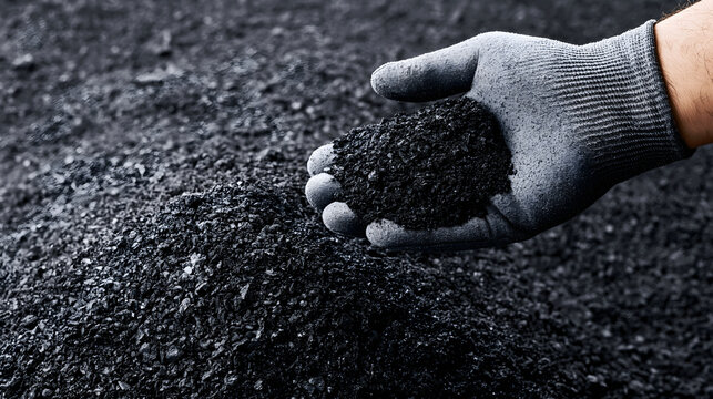 Close up hand wearing grey protective safety glove holding dark black crushed asphalt coal or biochar granulated material over textured background pile for industrial energy construction concept